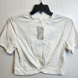 MakeMeChic Shirt Womens Large White Crop Top Short Sleeve Twist Front Tee‎